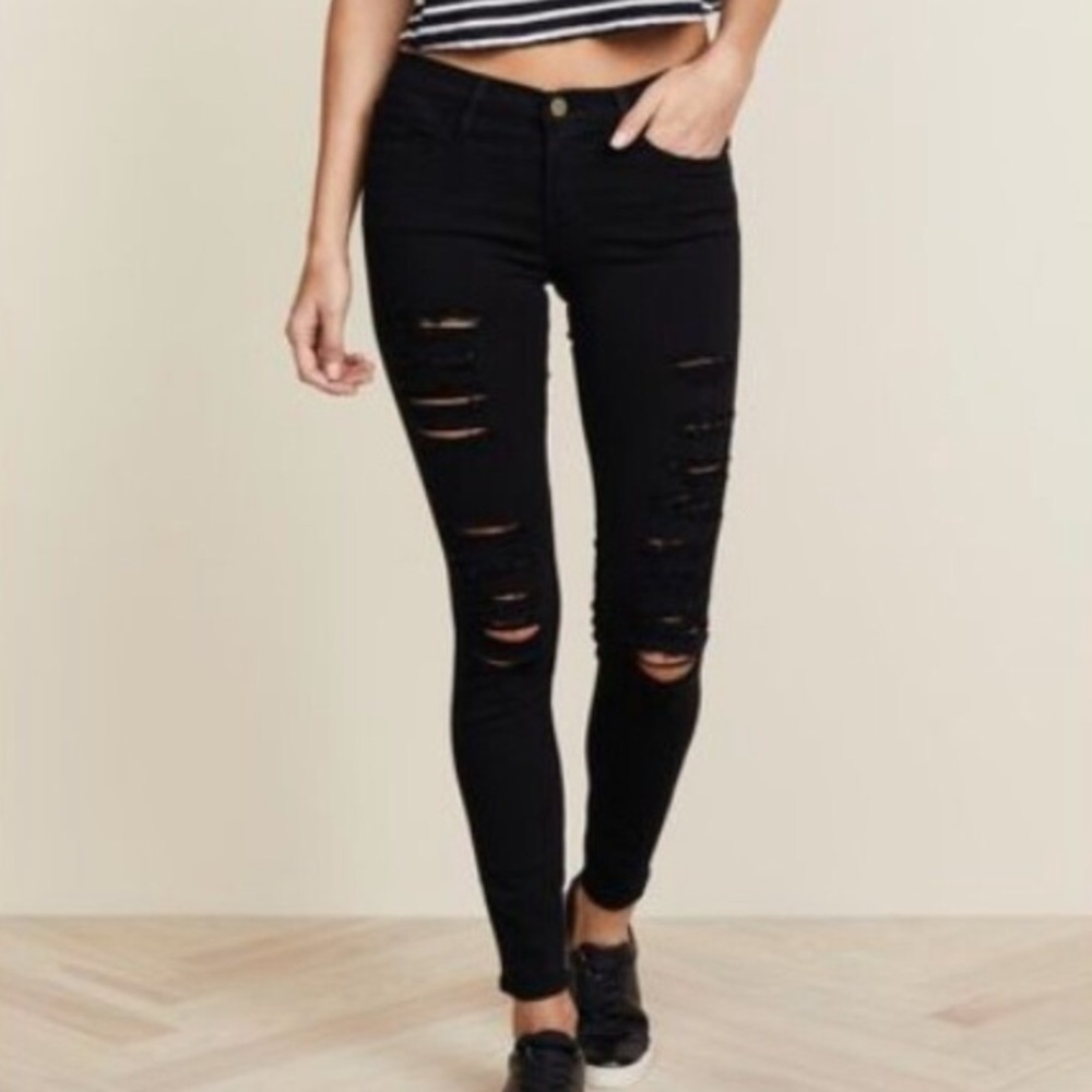 Frame Denim Le Skinny de Jeanne Distressed Ripped Black Jeans Film Noir Size 26